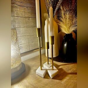 Set of Three brass brushed and marble base candle sticks 12”,10”,8” tall